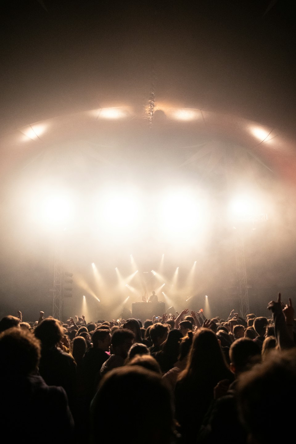 Menschenmenge mit erhobenen Händen sieht DJ bei Musikveranstaltung zu.
